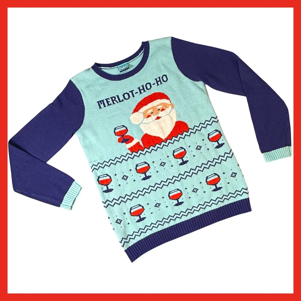 Merlot Ho Ho Ugly Christmas Sweater Novelty Graphic Holiday Party Fun Cute M‎